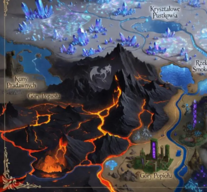 Mapa świata Fun Fact Games Szymon Migowski z zaznaczonymi regionami smoków i magicznych krain